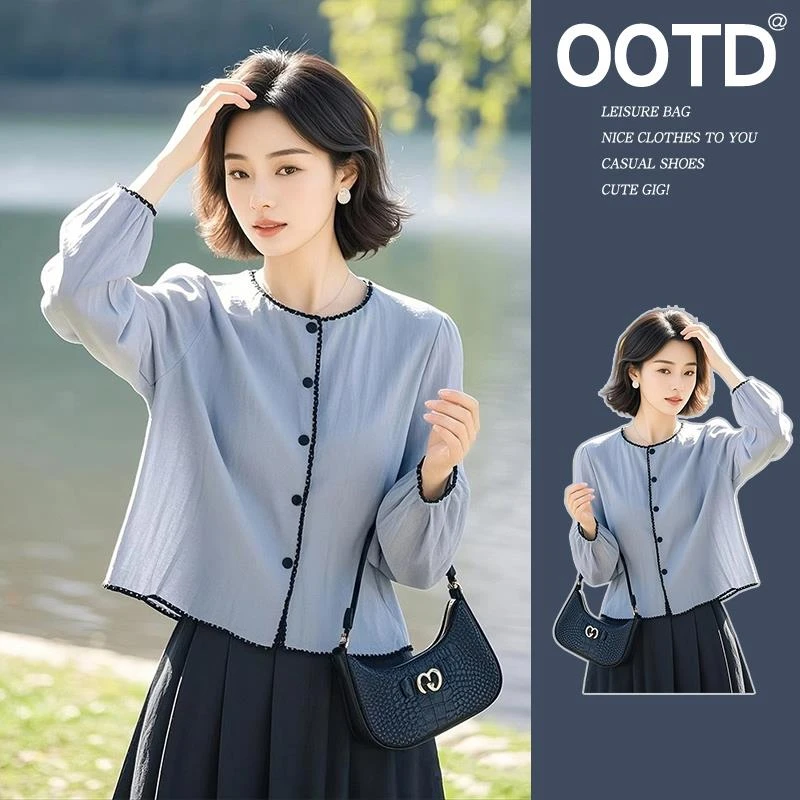 春秋独特别致宽松长袖棉麻衬衫女设计感小众蓝色漂亮小衫绝美上衣