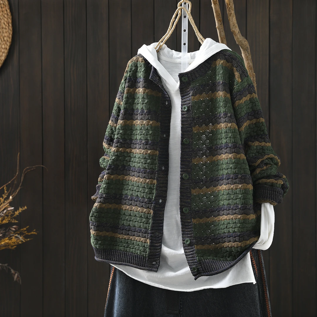 毛衣女款2026新款爆款外穿春季撞色条纹棉线毛织宽松百搭针织开衫