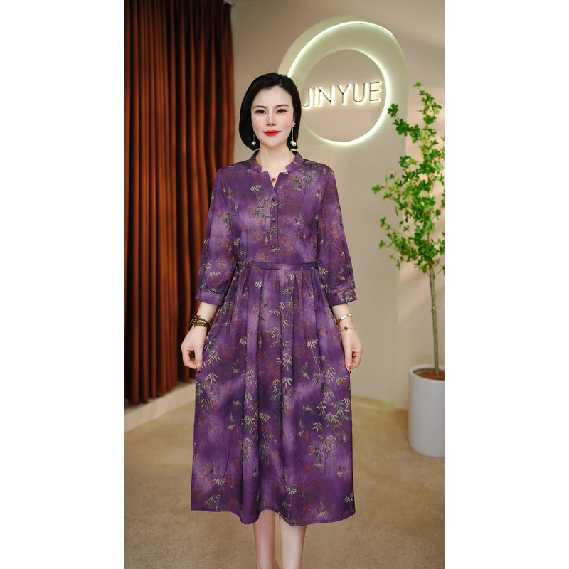 【千姿燕】5758新款小V领紫色竹林碎花时尚百搭气质收腰显瘦连衣裙