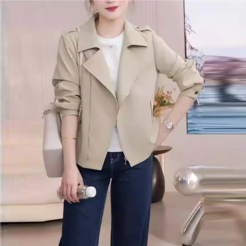 2025春秋季新款女士休闲时尚翻领夹克上衣通勤百搭卡其风衣短外套