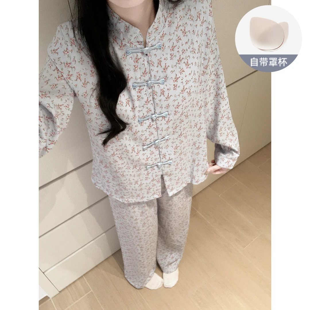 春秋款睡衣女士国风碎花复古长袖长裤带胸垫可外穿休闲风家居服