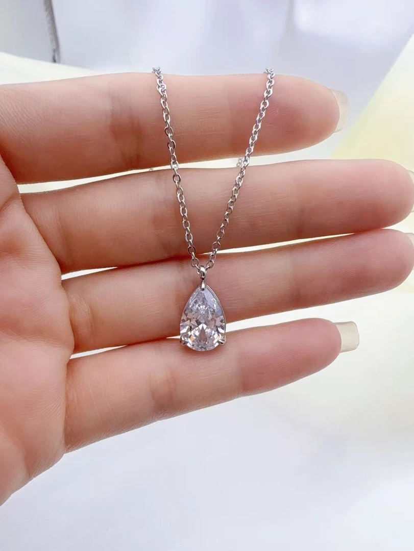 钛钢项链 【Kiss娜】钛钢3787灵动钢色水滴超闪项链