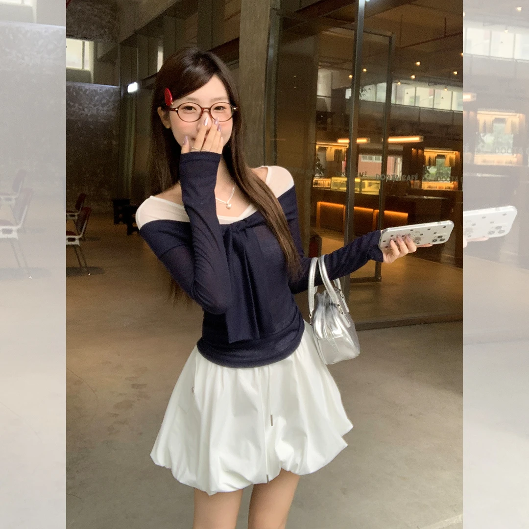 时尚气质网纱假两件绑带撞色长袖T恤女秋性感露肩辣妹一字肩上衣