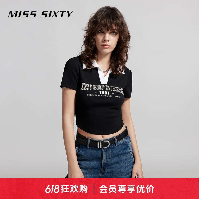 Miss Sixty夏季新款T恤女撞色polo领短袖短款美式复古辣妹风