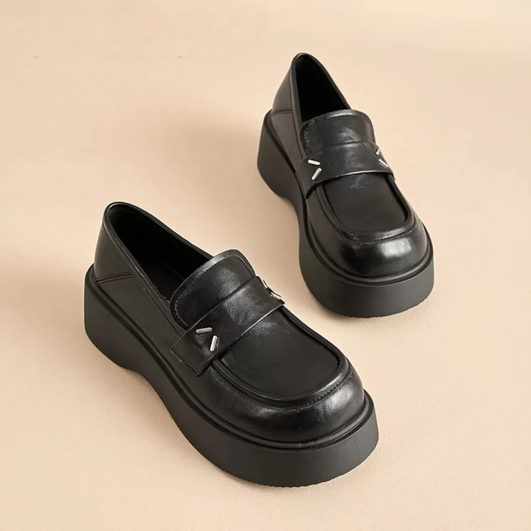 门店42&9！猫须乐福鞋」牛皮圆头厚底增高百搭松糕休闲皮鞋女C22821