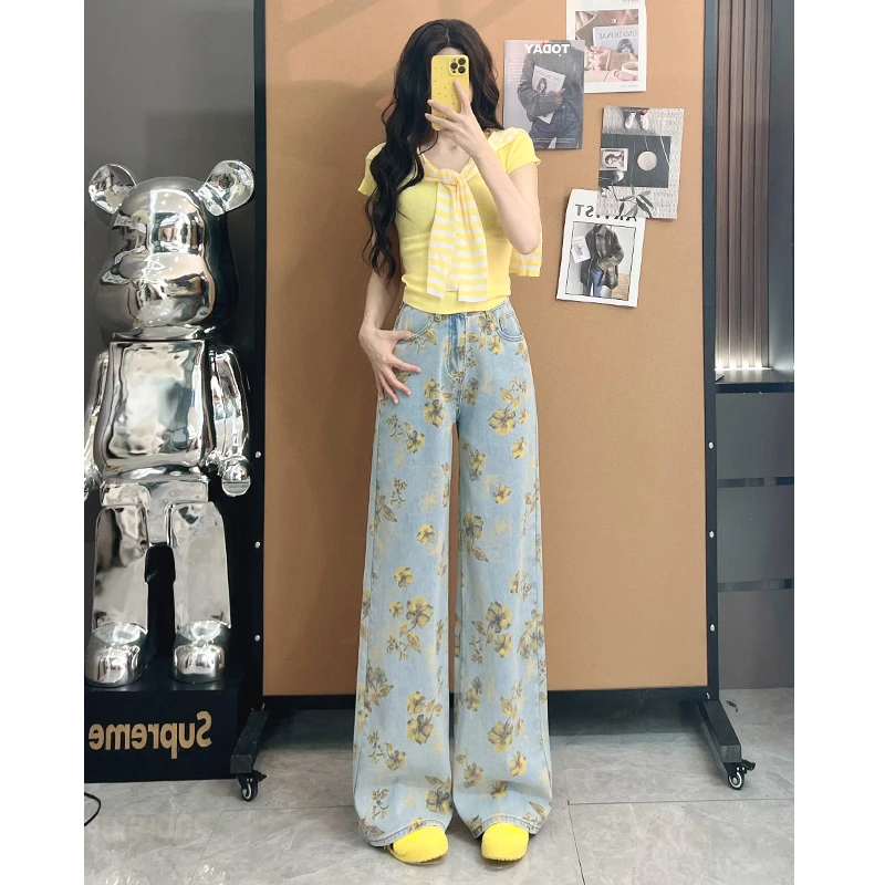 黄碎花直筒牛仔裤女夏季薄款2025年新款显瘦阔腿设计感裤子女
