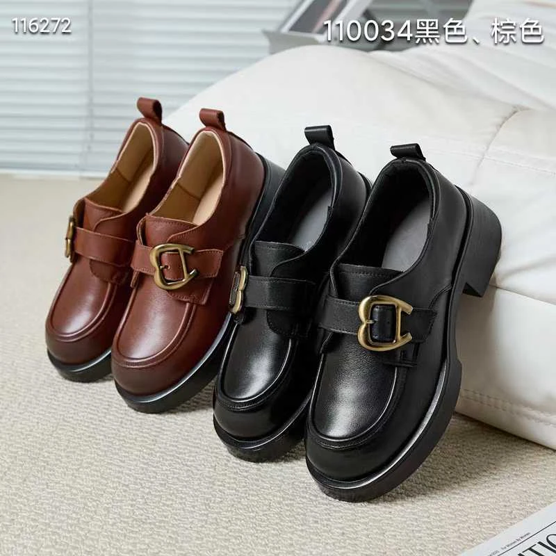 春季新款头层牛皮橡胶防滑大底厚底乐福鞋女鞋  时尚饰扣  110034