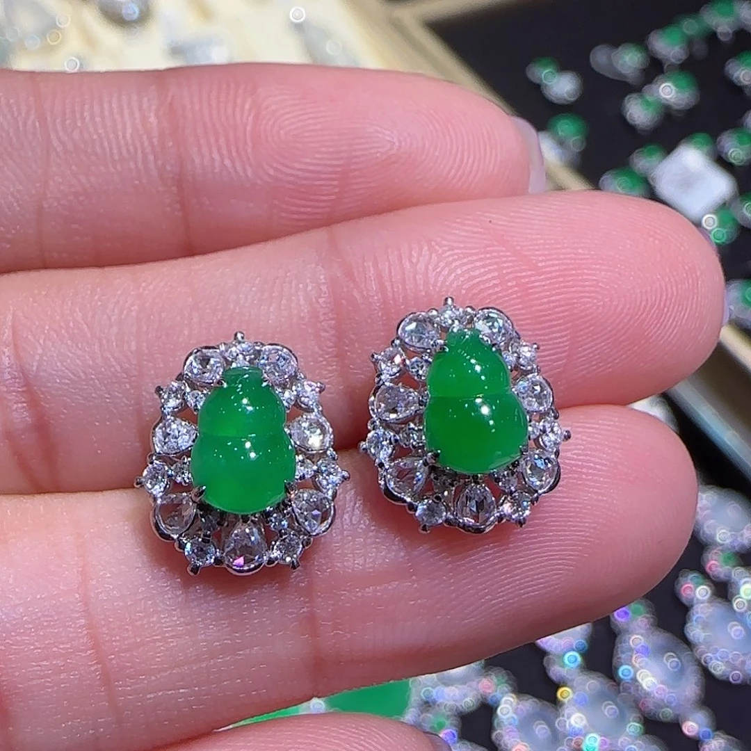 翡翠耳钉18K金镶嵌葫芦