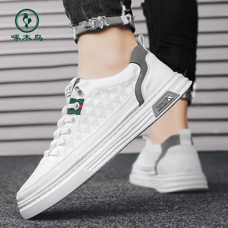 【正品啄木鸟】男鞋新款春季透气运动小白板鞋男士白鞋休闲白色皮鞋