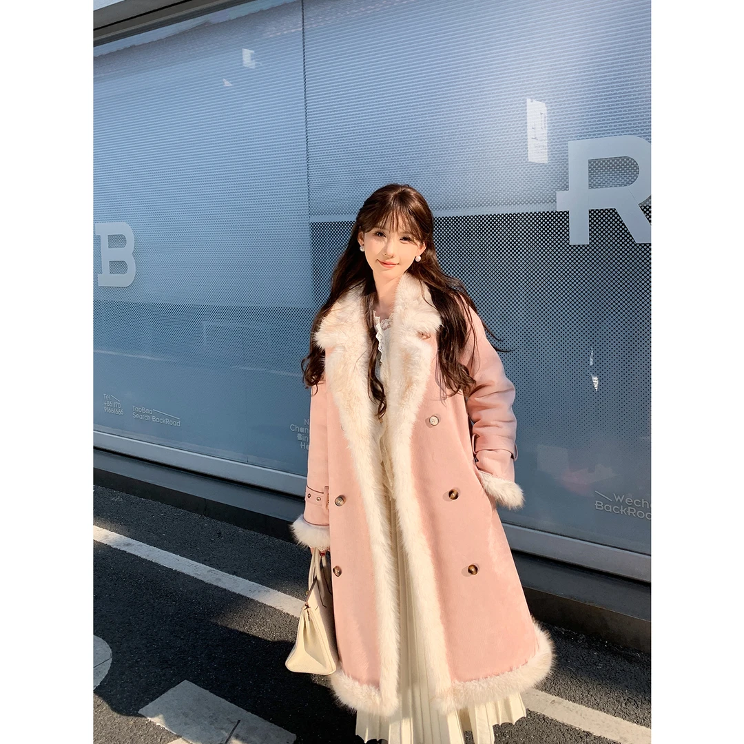 SHAOER【围炉寻雪】韩系高级感双排扣长款毛毛外套女 S725I20676