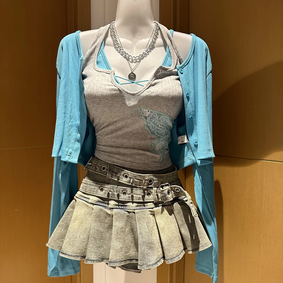 MUA家蔚蓝花海上衣复古牛仔百褶裙夏季款