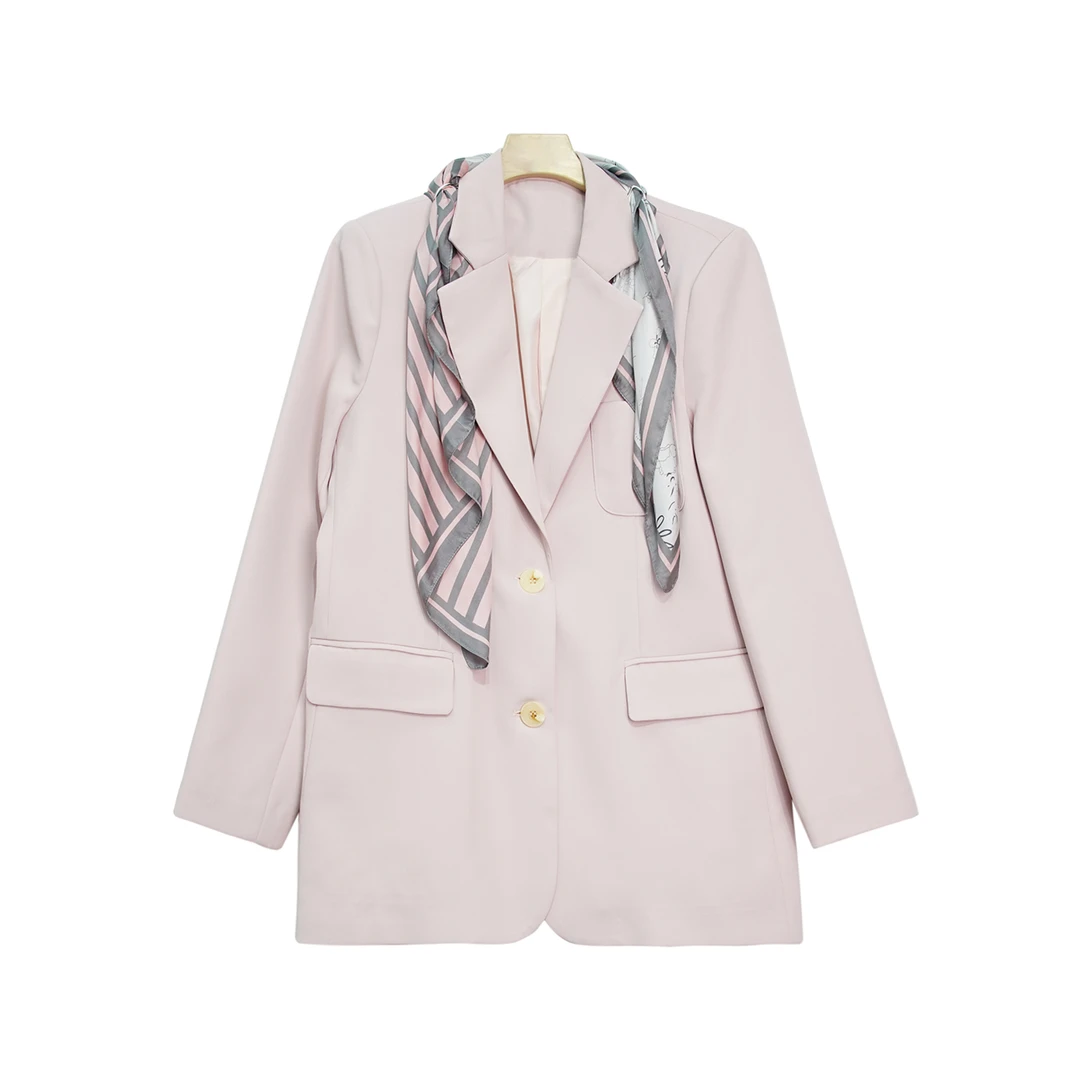 X9116 新品 高级气质时尚设计感潮流粉色丝巾宽松廓形西装外套