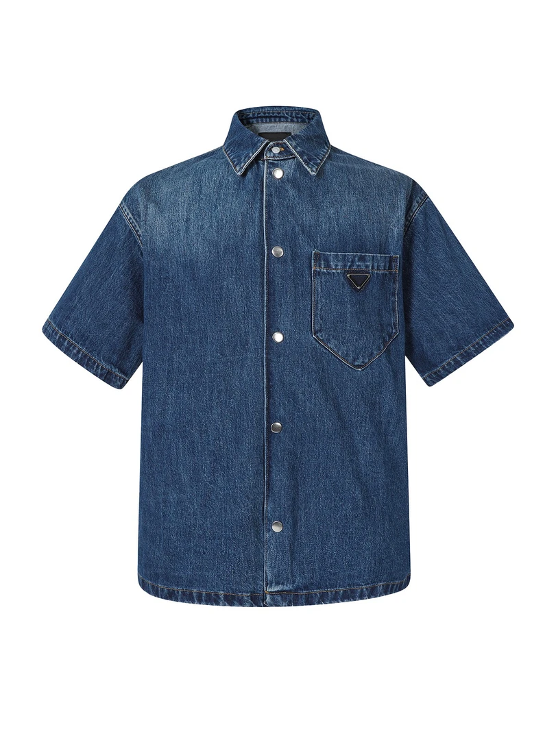 PD经典纯色三角标牛仔宽松短袖衬衫