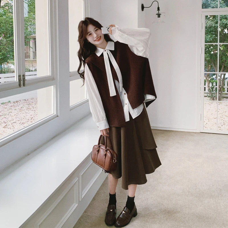 针织马甲套装裙女2025春秋新款氛围感韩系复古文艺范半身裙三件套