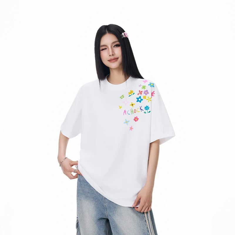 【Achock官方店】美式嘻哈花卉印花圆领短袖潮牌新款情侣半袖T恤