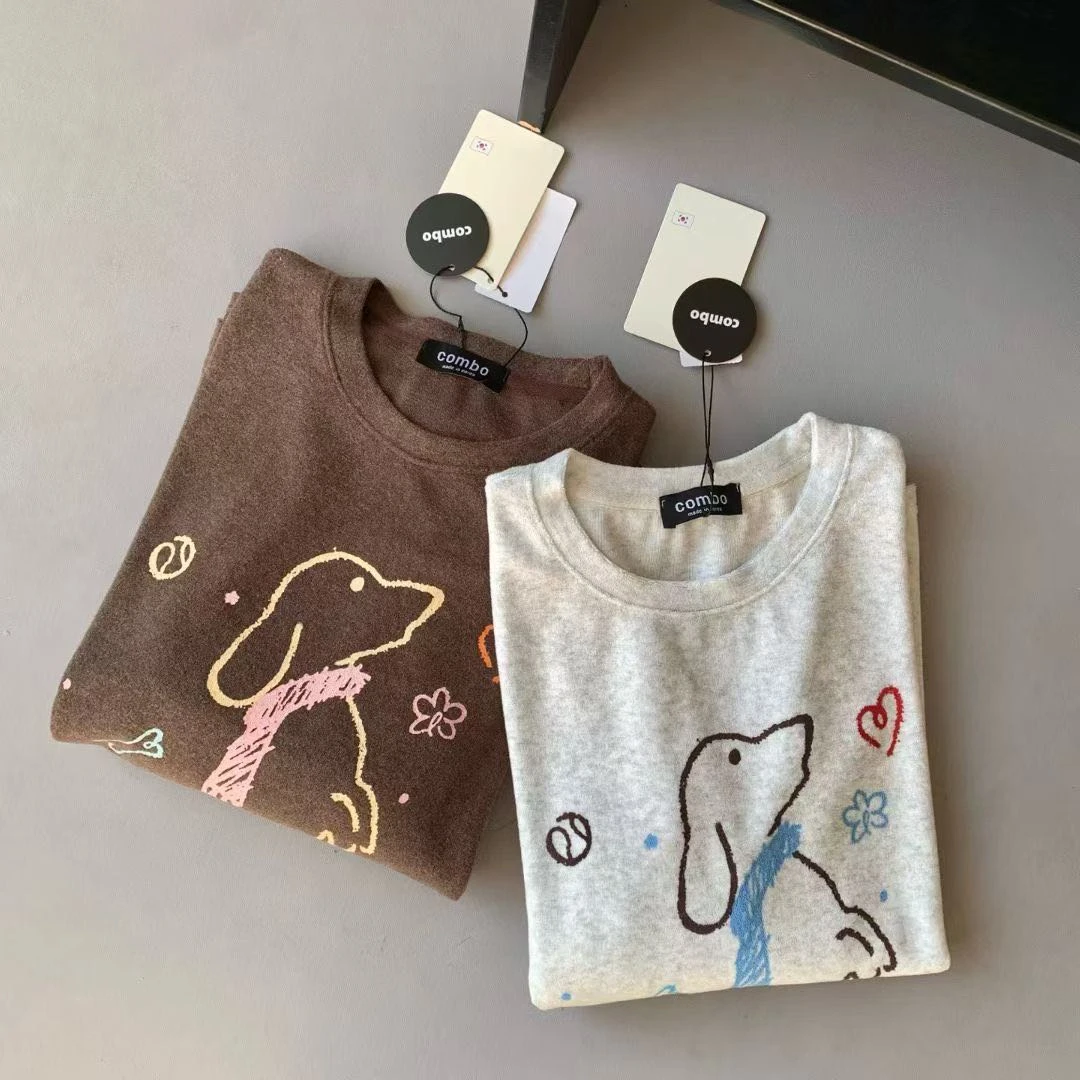 HANHAN - 「爱心小狗」韩版小众手绘风涂鸦小狗印花磨毛打底