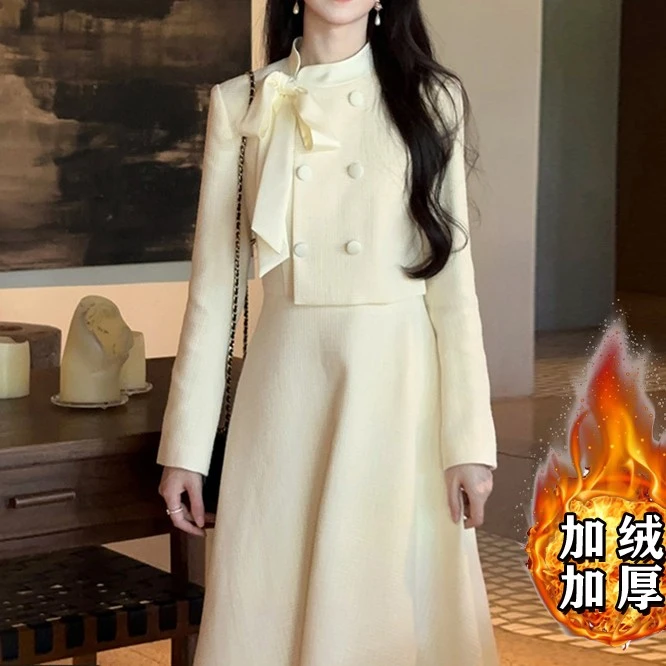 2544蝴蝶结加厚款小香风连衣裙女气质法式长袖长裙J