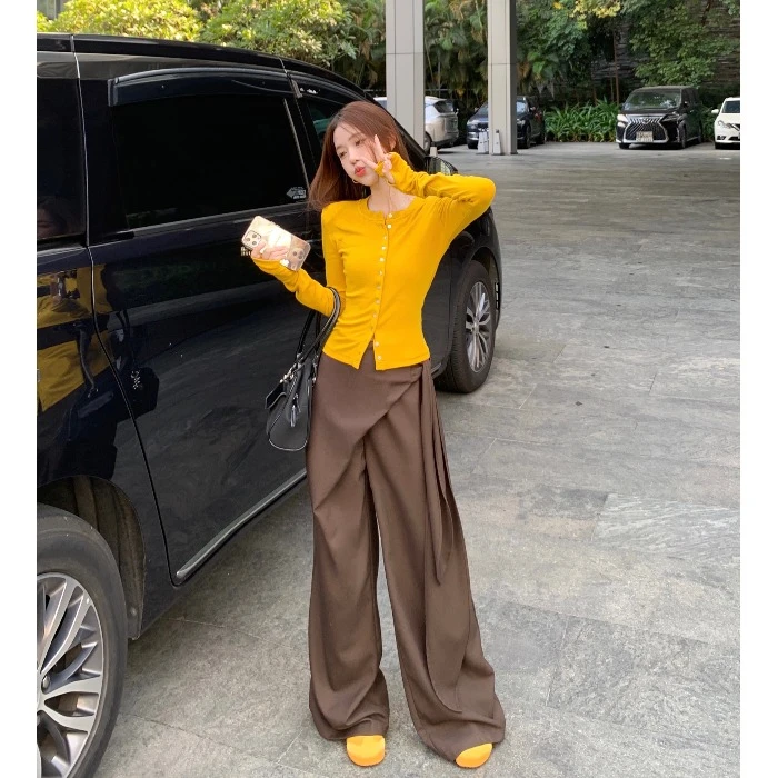 美式不规则宽松高腰系带休闲裤女秋季新款设计感西装裤阔腿长裤子