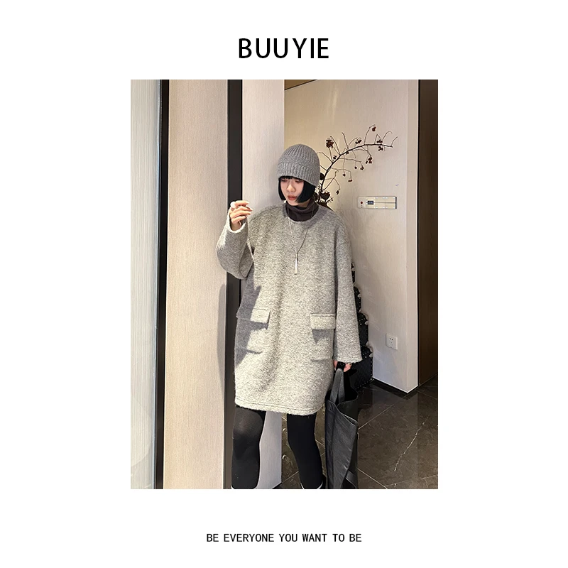 BUUYIE 冬季新款高端气质设计感灰色连衣裙 2470476