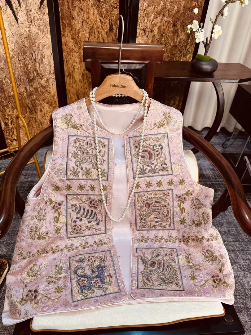 【瑞兽】宽松型纽扣刺绣圆领工字型款马夹中式套装民族风立领