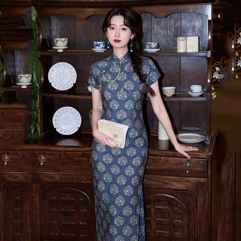 安弦-小个子夏季日常改良蓝色古风收腰文艺老上海显瘦旗袍藏蓝色