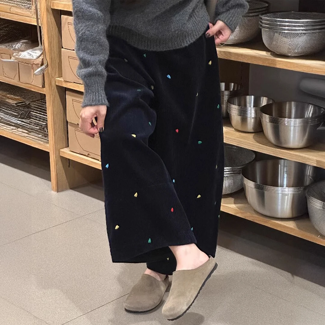 爱心刺绣灯芯绒气球裤女冬大码胖mm藏青色阔腿裤加绒小个子休闲裤