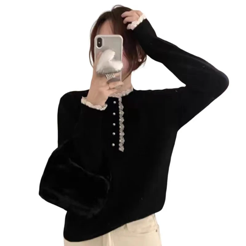 -71花边蕾丝五粒扣法式气质女神毛衣（衣长56左右）