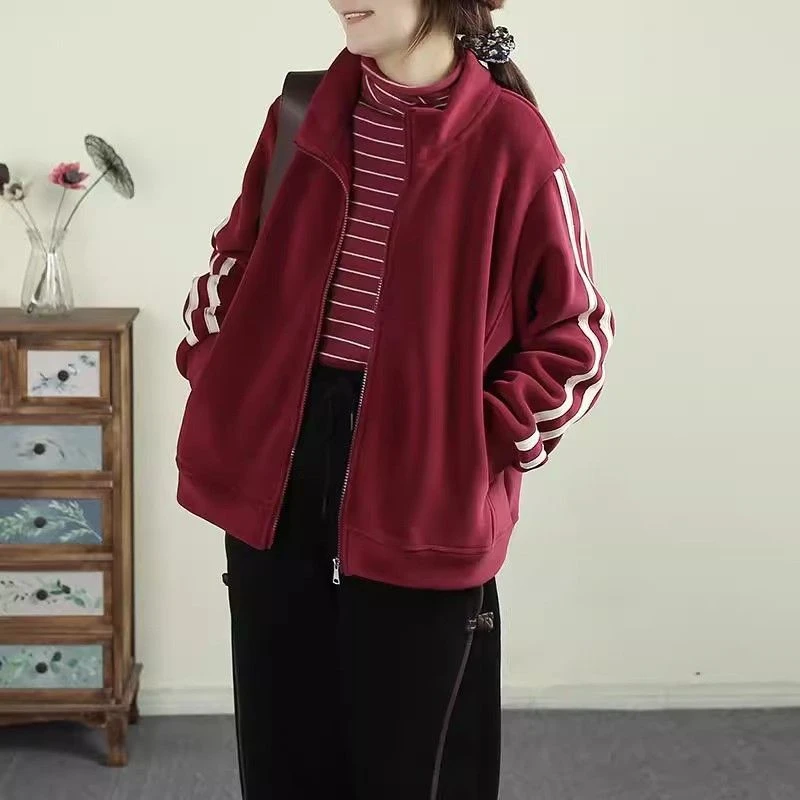 德绒加绒加厚半高领拉链外套女宽松胖韩版气质高档保暖防风卫衣