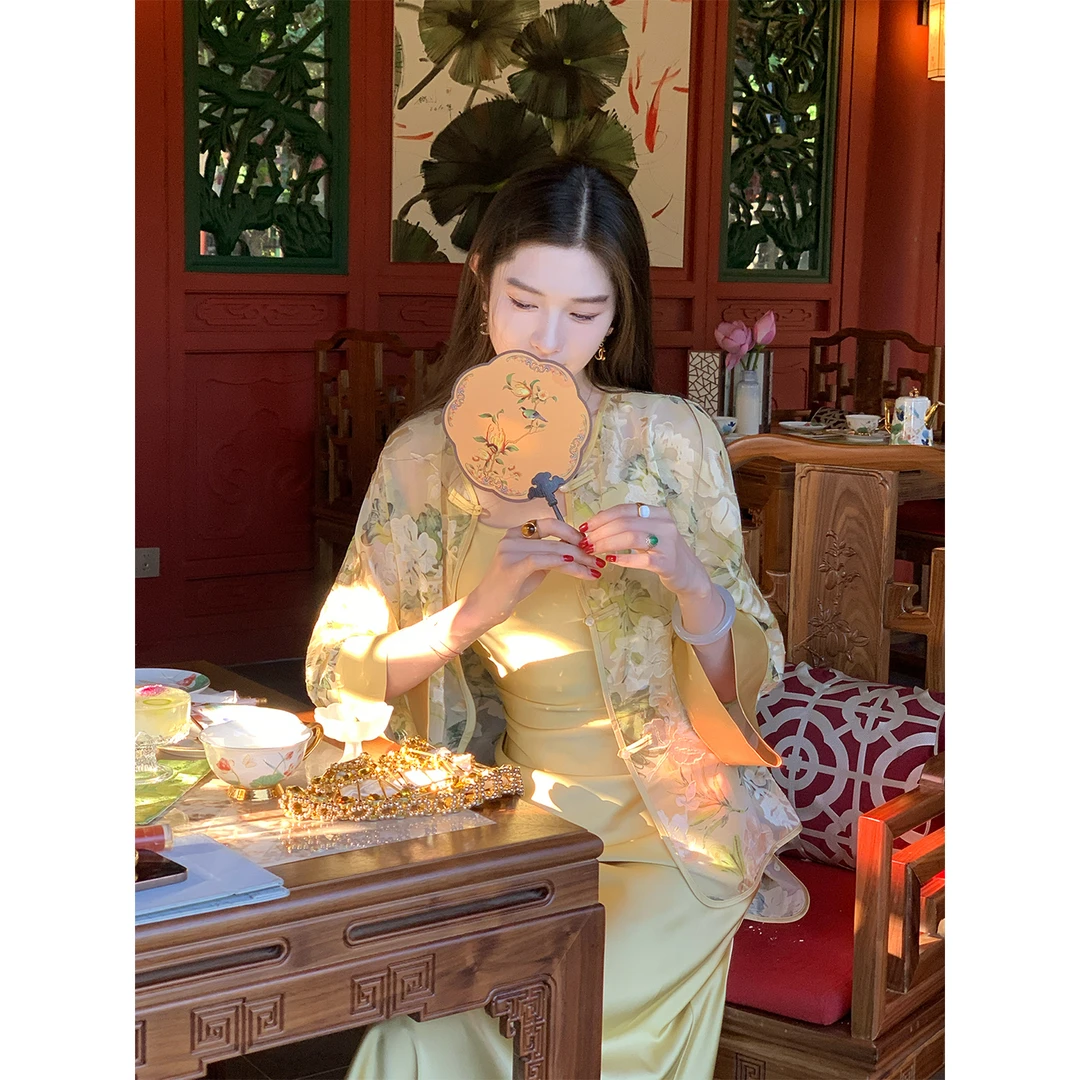 凌茜恣禾【玉罗香】国风新中式花色人丝烧花外套金色缎面连衣裙套装