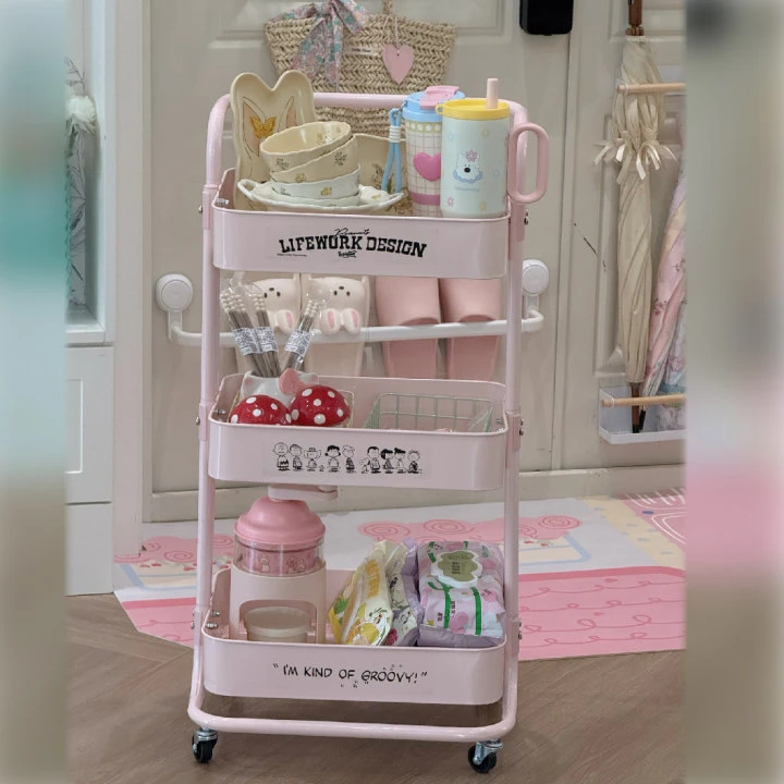 【加厚碳钢史努比款】小推车置物架卧室可移动收纳储物架零食架子
