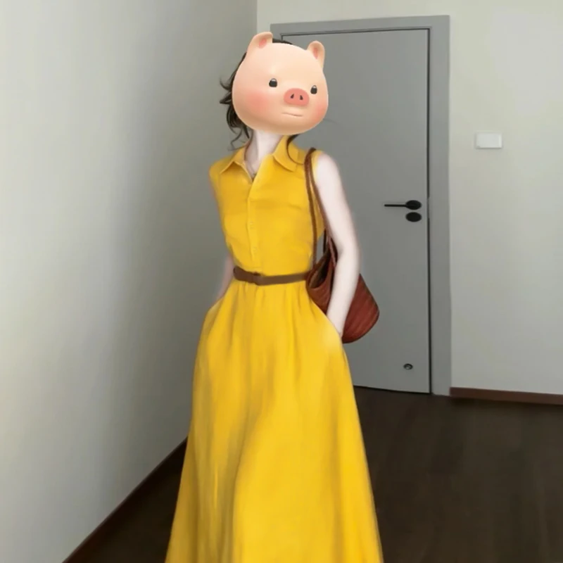 高级感法式多巴胺黄色无袖连衣裙子女装夏季2025新款气质度假长裙