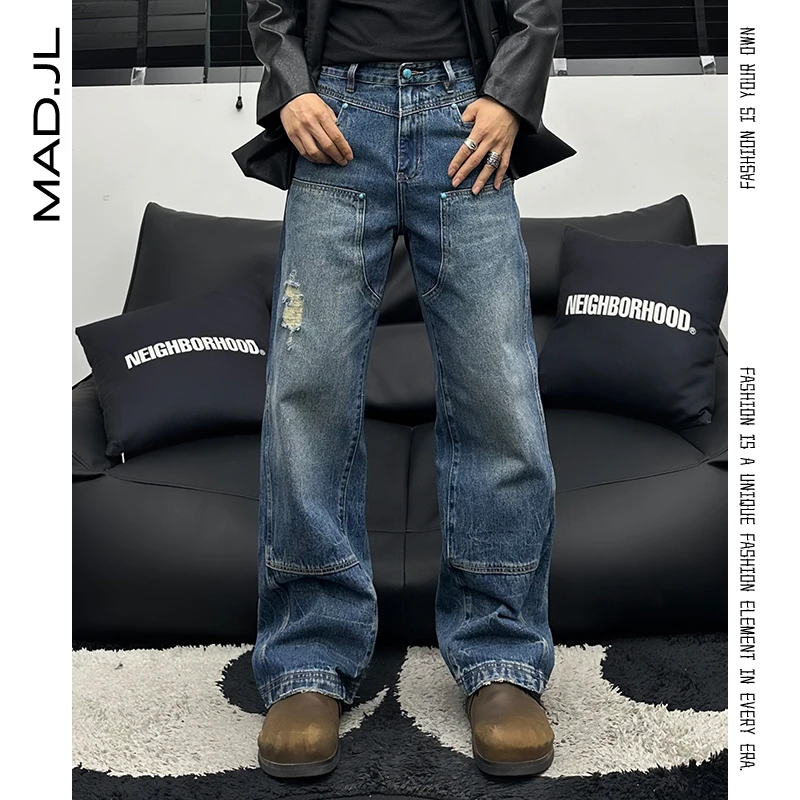 Mad25春夏【绿松石复古胶浆纹】美式直筒破坏磨边重工伐木牛仔裤男
