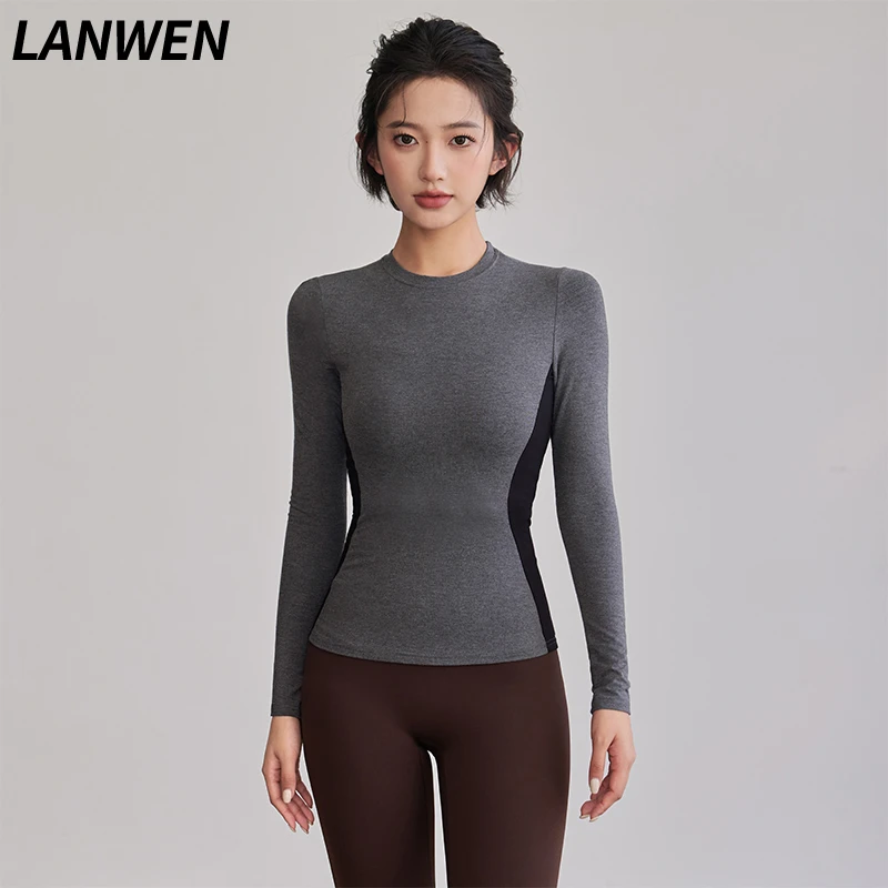 岚纹撞色瑜伽服长袖t恤女健身上衣紧身显瘦训练户外运动服圆领新