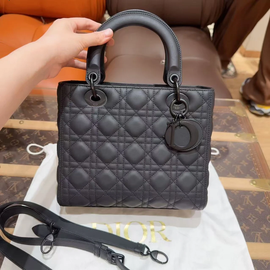 99新 DIOR/迪奥 Lady dior磨砂黑五格戴妃手提单肩斜挎包