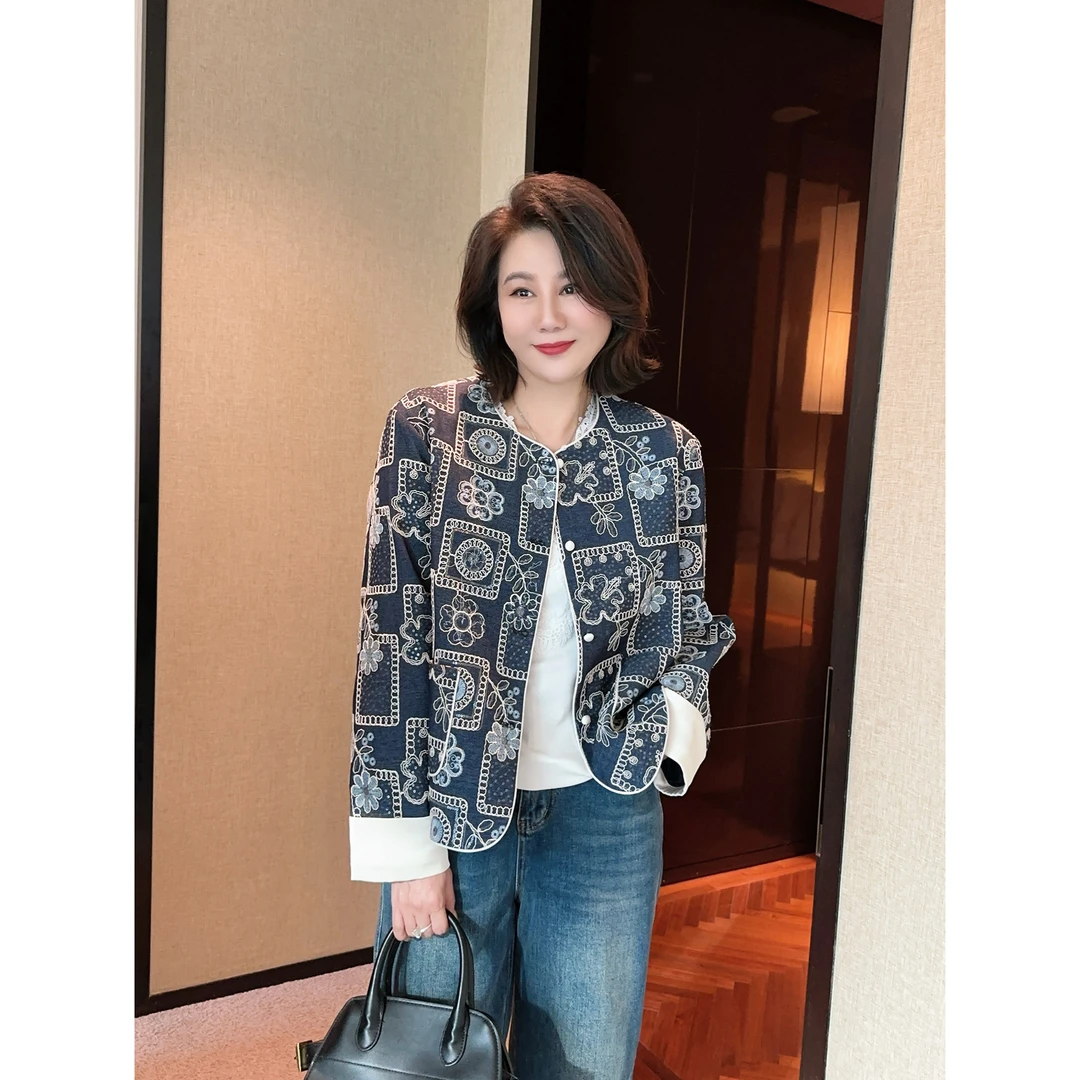 微胖女装【活色生香】新中式藏蓝花外套挺阔修身显瘦20616