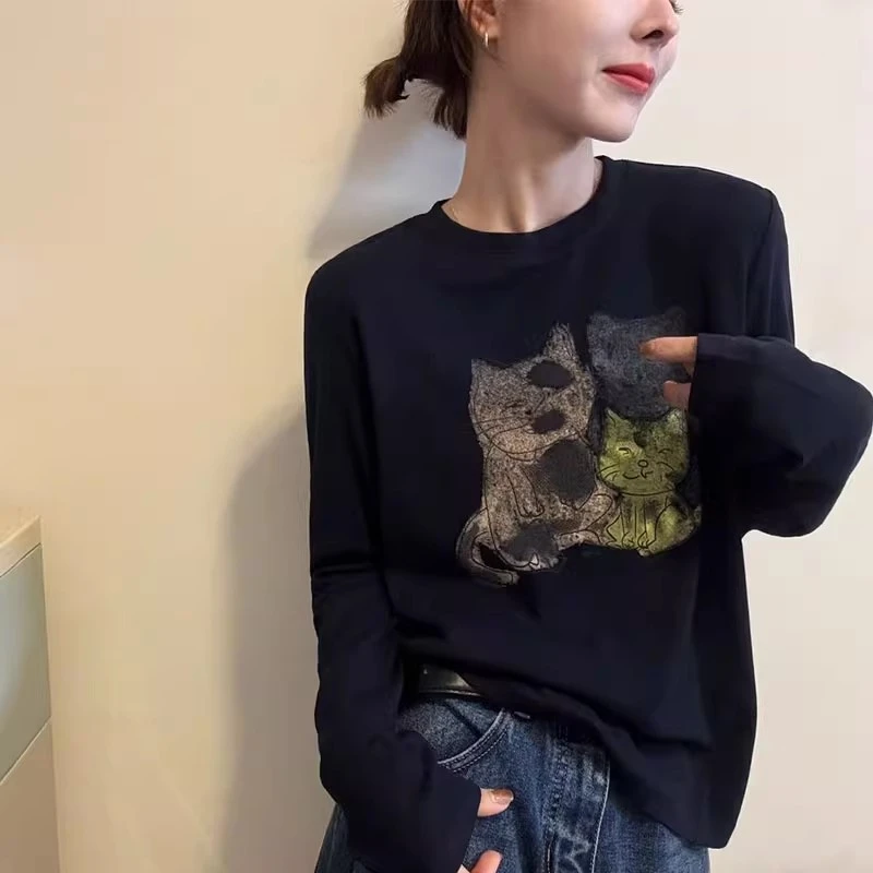 圆领长袖卡通猫T恤女2025秋季新款韩版时尚印花洋气宽松百搭上衣