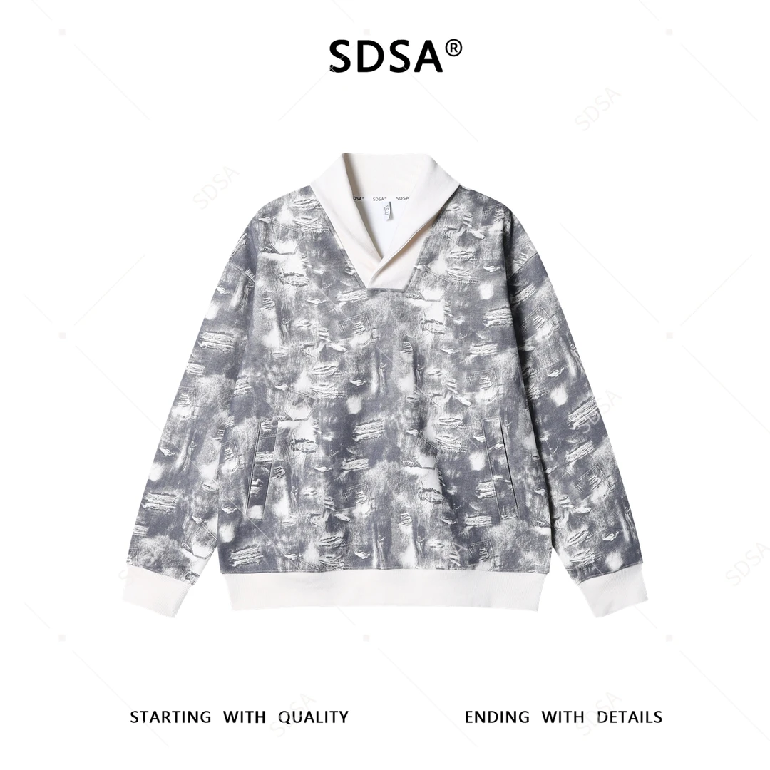 SDSA男士秋冬新款痞帅男装时尚扎染拼接翻领卫衣百搭时尚套头上衣