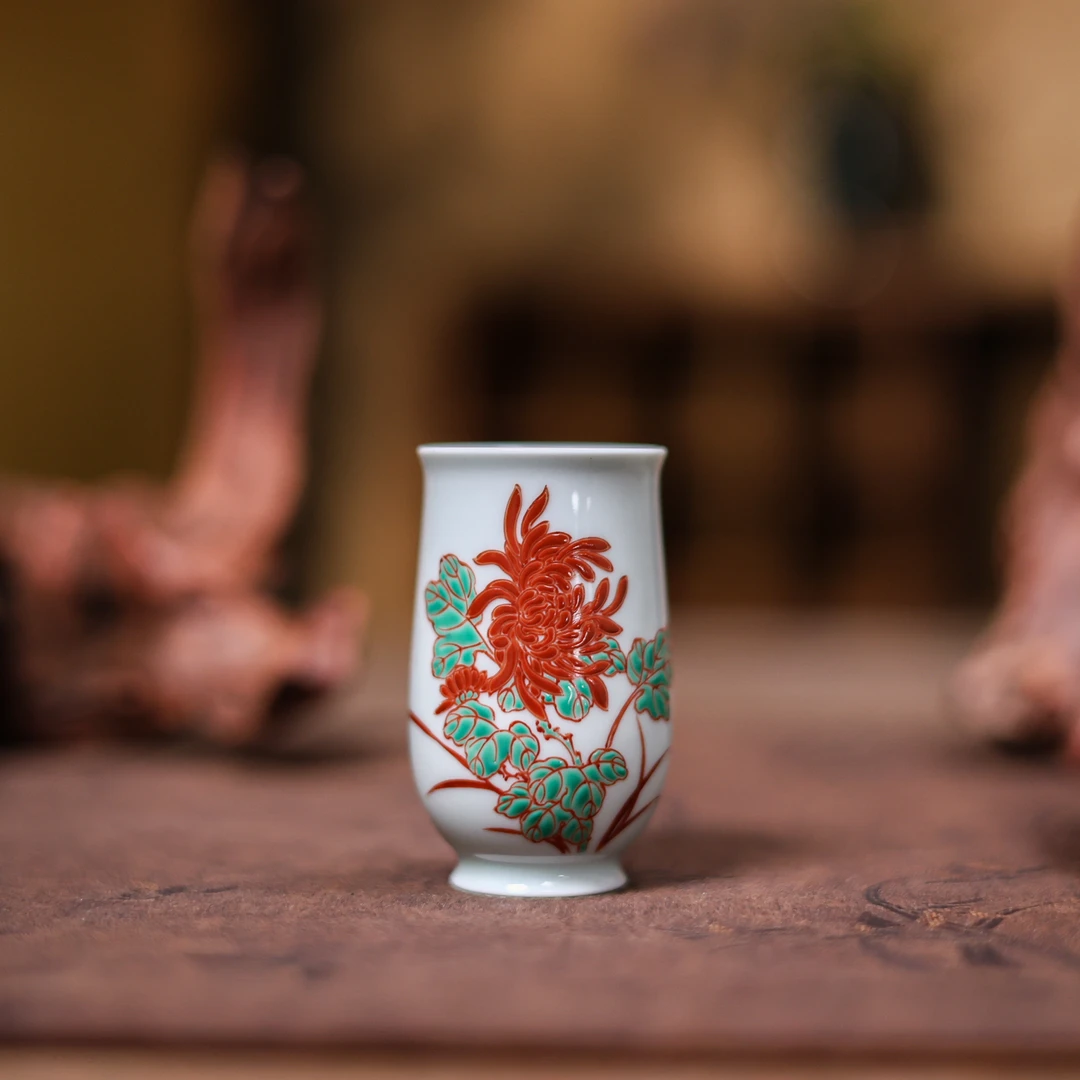 【汪汪茶器】红绿彩菊花闻香杯（余毅）（HLC-B-033）