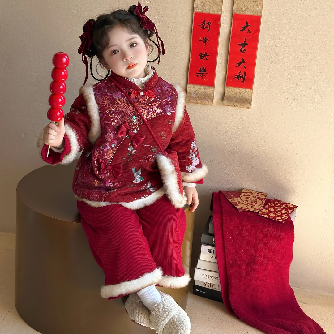 汉服女童拜年服冬装新中式儿童冬季国风新年宝宝民族风喜庆过年服