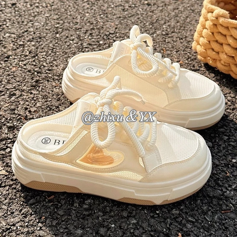 半拖小白鞋2025春秋季新款ins百搭星星大头鞋运动休闲厚底网鞋女