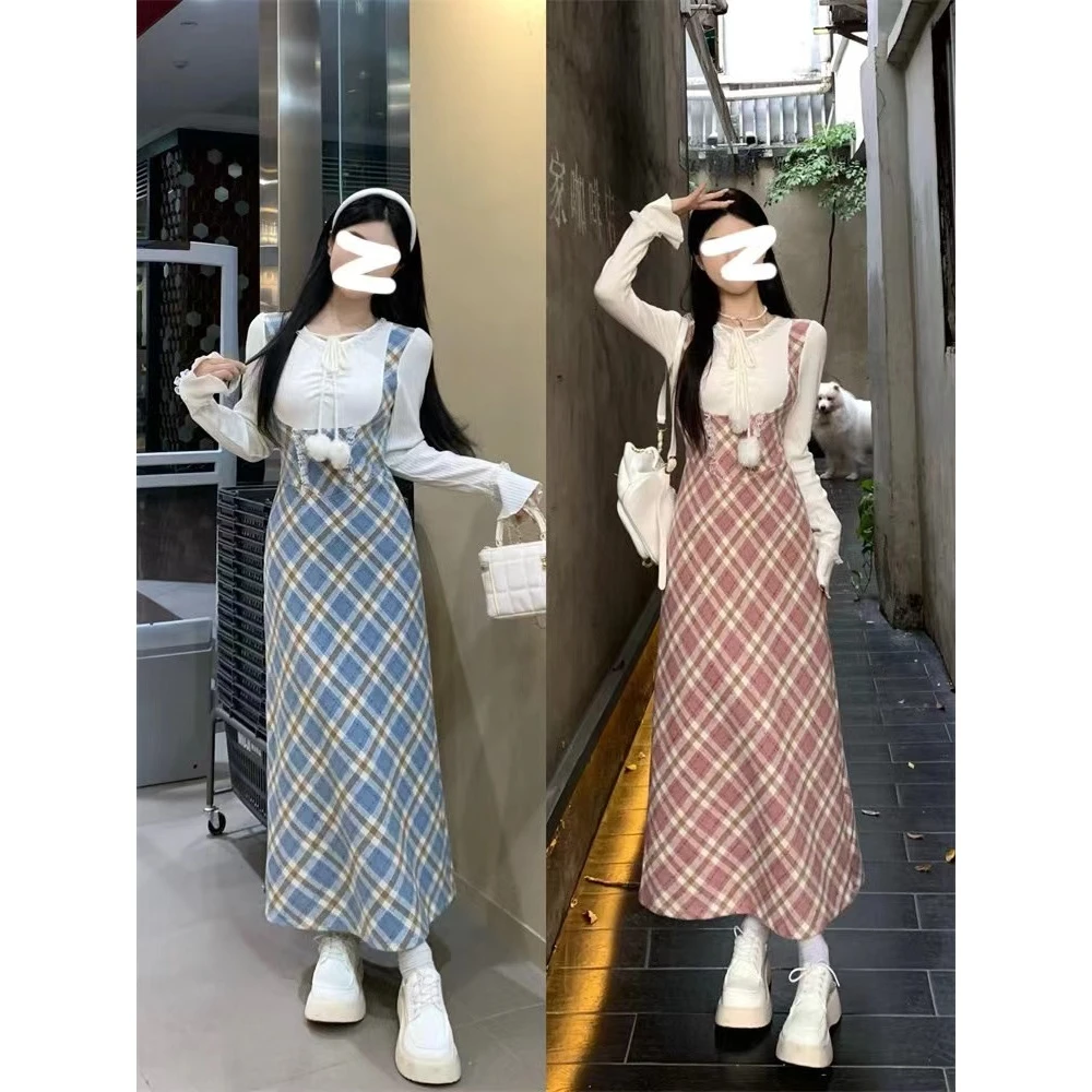 法式甜辣小众少女感连衣裙女秋季新款格纹拼接假两件裙子8144