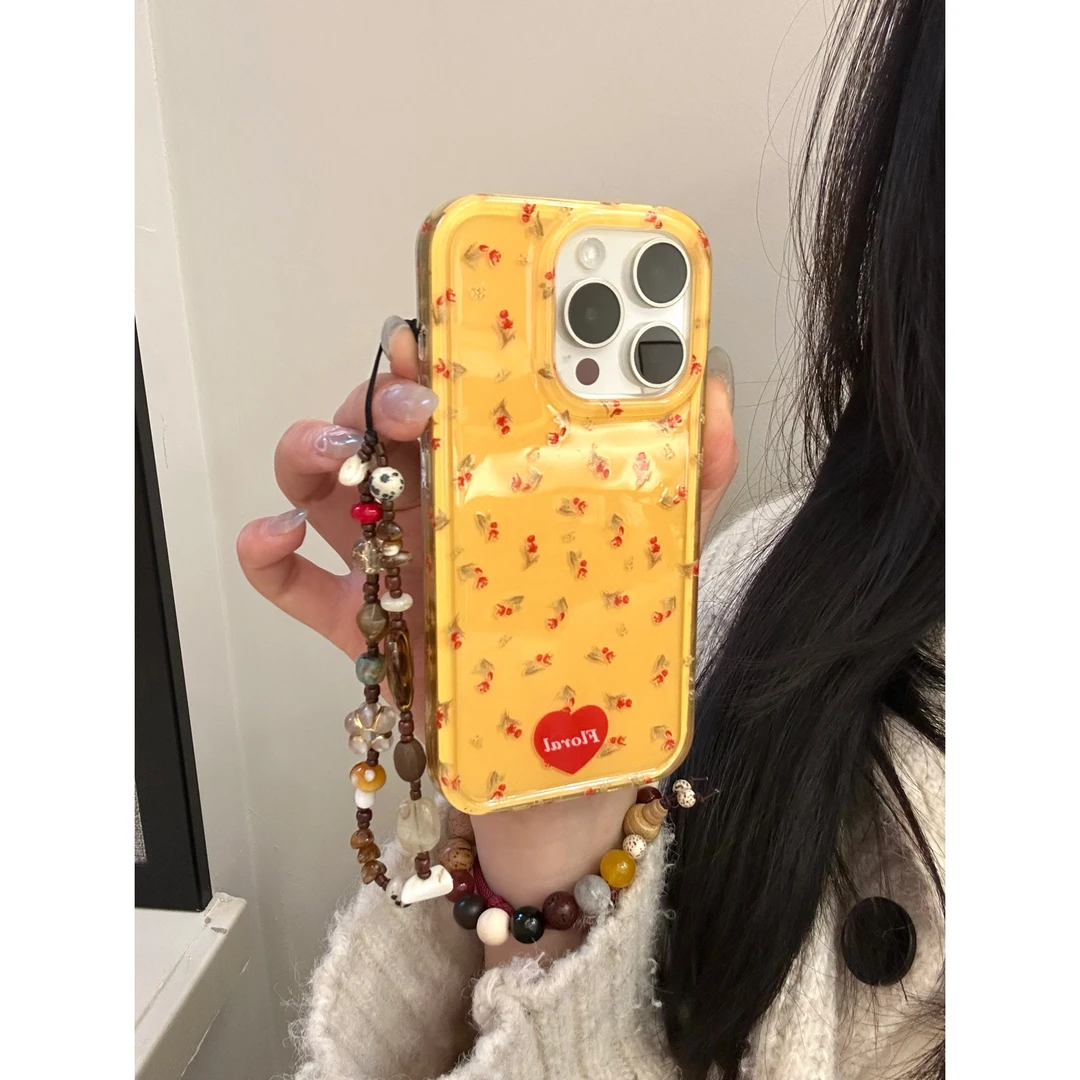 ins韩风奶黄色双层花朵适用iPhone16promax苹果15手机壳14p亚克力