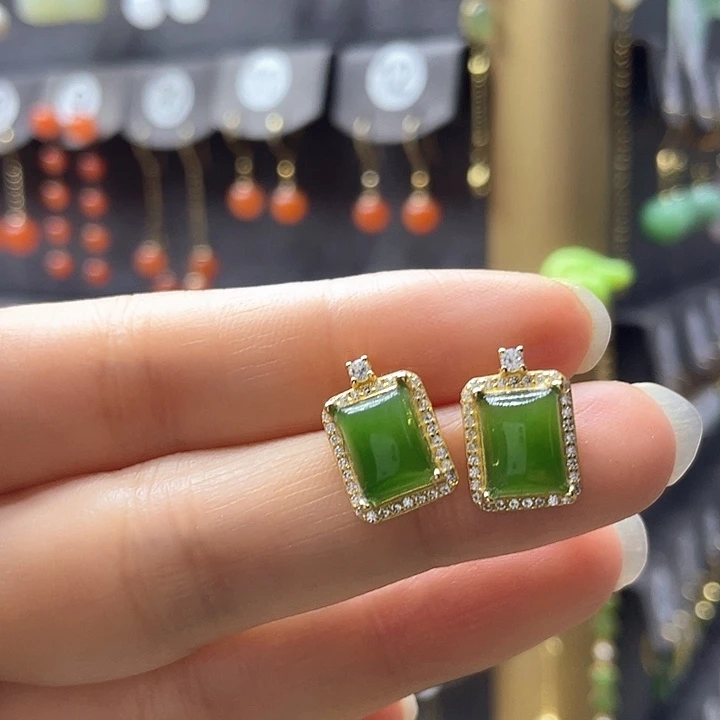 和田玉银S925镶嵌耳饰