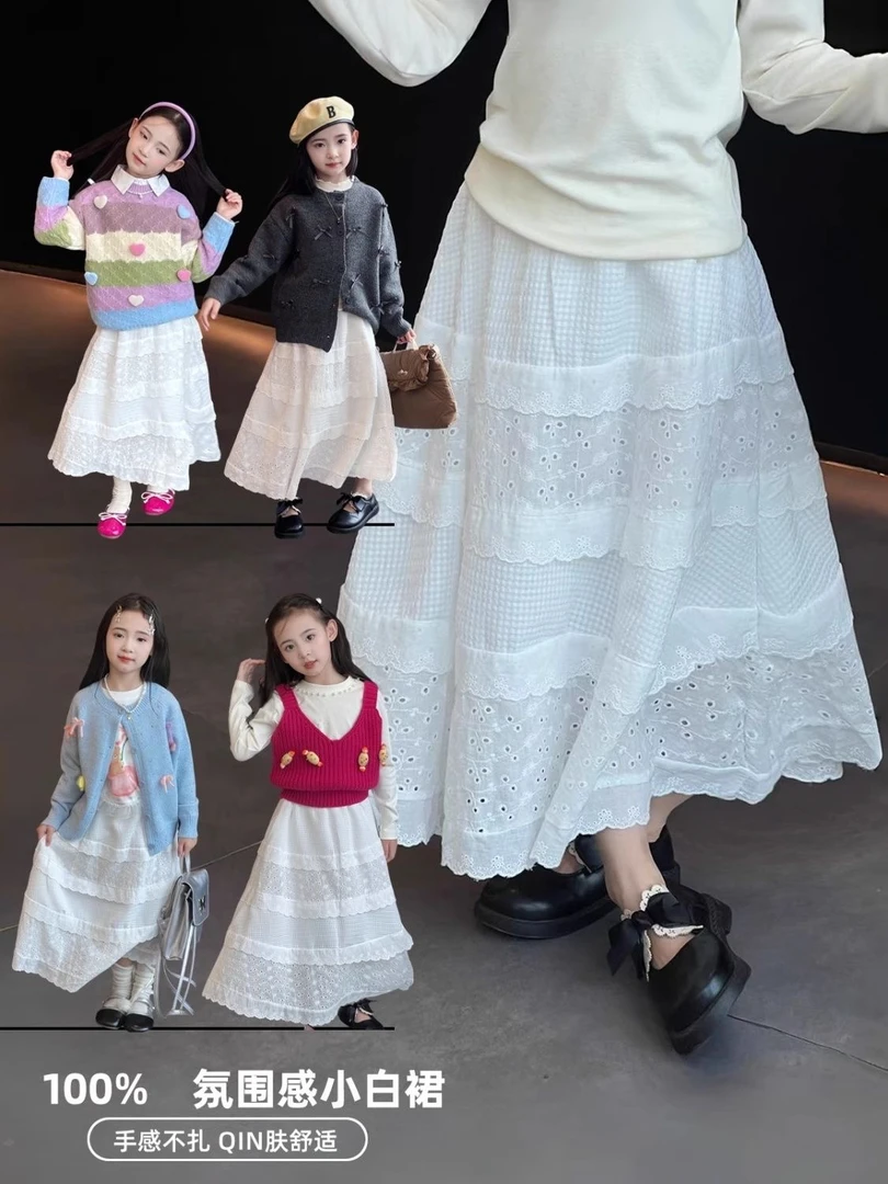 【棉麻】女童半身裙春秋夏季新款中大童百搭裙蛋糕裙荷叶边公主裙