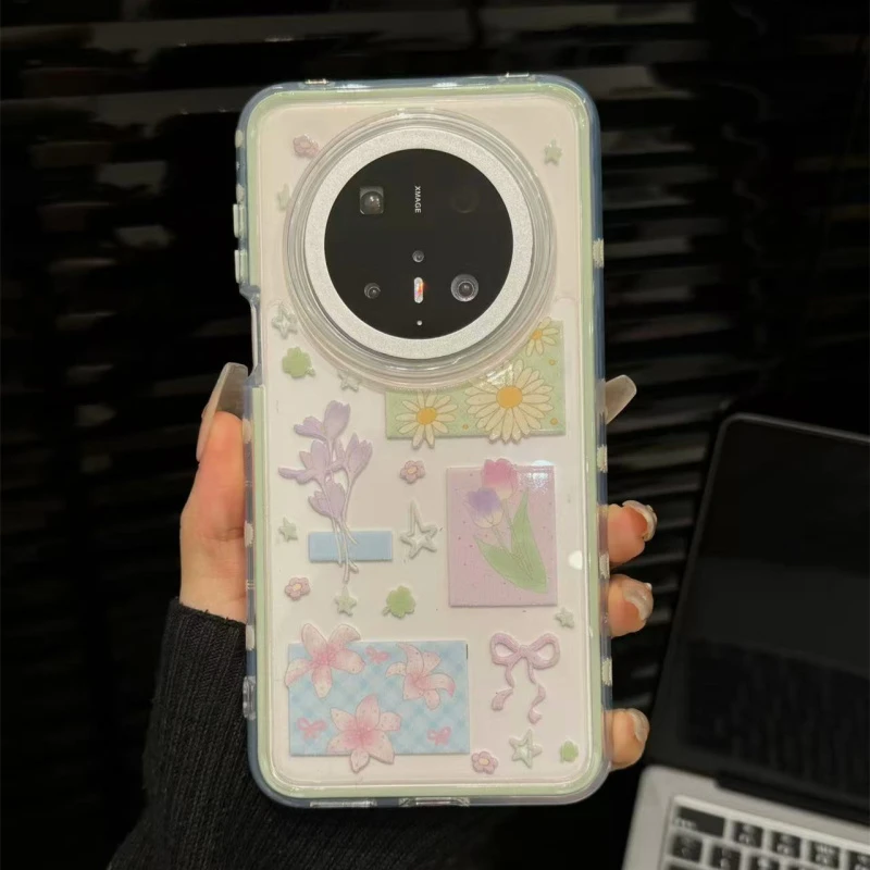 适用华为mate70pro新款手机壳苹果16promax创意绿框满屏碎花朵格