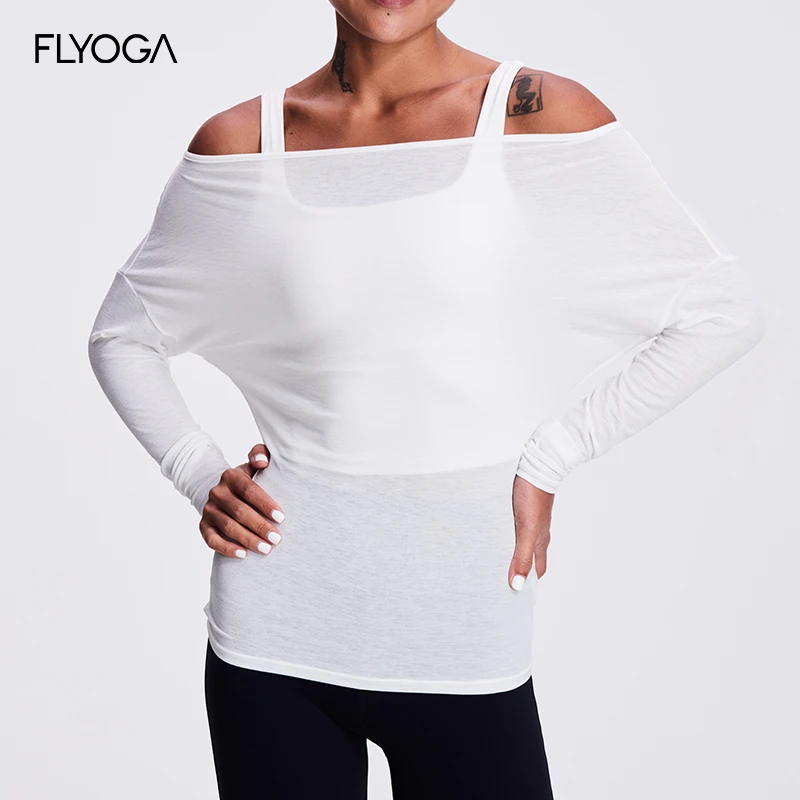 FLYOGA 飞蓝竹节纱荡领一字肩温柔范长袖53528瑜伽显瘦