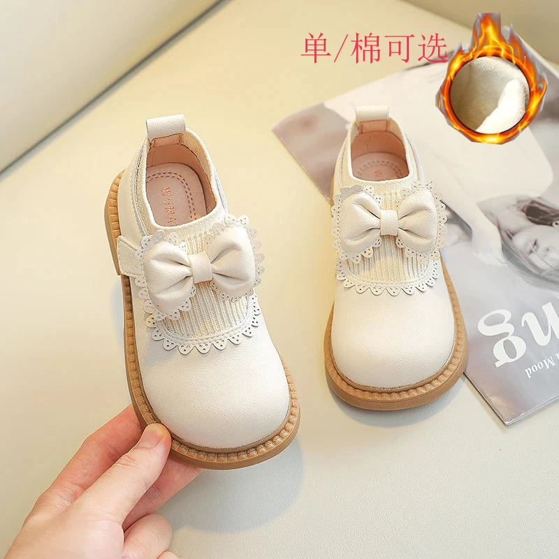 秋冬加绒女童公主皮鞋小女孩单鞋宝宝鞋子儿童鞋软底蝴蝶结豆豆鞋