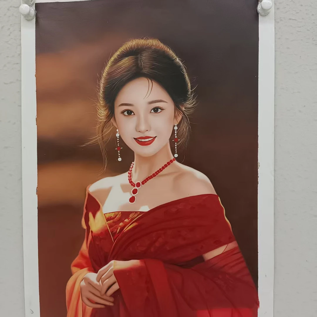 林彦新-***中国新娘 -红礼服-甜美--约60*90厘米-手绘油画-麻布