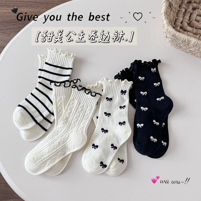 女童袜子春秋季薄款宝宝卷边公主袜小女孩百搭运动中筒棉袜冬季袜
