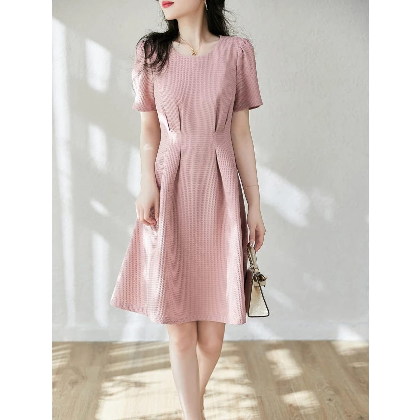 透气华夫格料 优雅时尚收腰显瘦连衣裙女25夏 复古法式风中长裙子